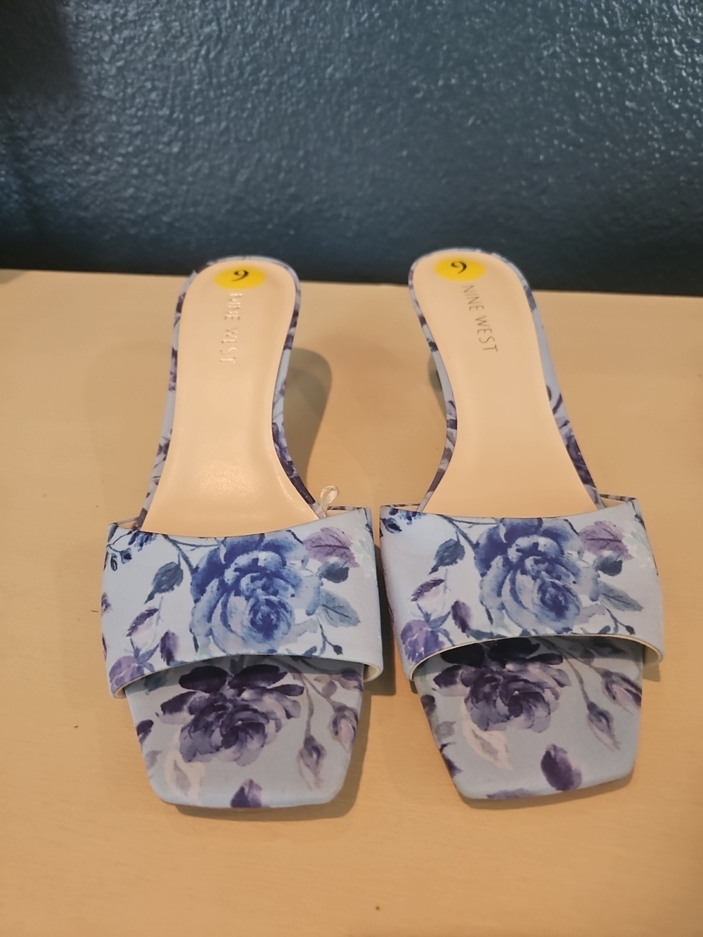 Nine West Women's Blue Floral Kitten Heel Slide Sandals New No Box